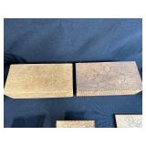 Collection of Vintage Wooden Advertising Boxes, Glass Hand Figurines, and Decorative Miniatures