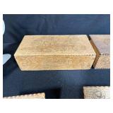 Collection of Vintage Wooden Advertising Boxes, Glass Hand Figurines, and Decorative Miniatures