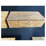 Collection of Vintage Wooden Advertising Boxes, Glass Hand Figurines, and Decorative Miniatures