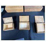 Collection of Vintage Wooden Advertising Boxes, Glass Hand Figurines, and Decorative Miniatures