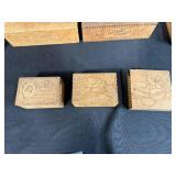 Collection of Vintage Wooden Advertising Boxes, Glass Hand Figurines, and Decorative Miniatures