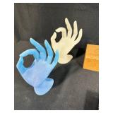 Collection of Vintage Wooden Advertising Boxes, Glass Hand Figurines, and Decorative Miniatures