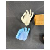 Collection of Vintage Wooden Advertising Boxes, Glass Hand Figurines, and Decorative Miniatures