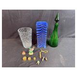 Eclectic Decor and Collectibles Lot with Glass Vases, Brass Weights, Oil Can, and Figurines