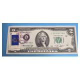 1976 $2 Bill With Utah Bicentennial Stamp - Low Serial Number - Crisp Bill (Very Collectible)