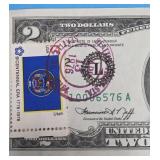 1976 $2 Bill With Utah Bicentennial Stamp - Low Serial Number - Crisp Bill (Very Collectible)