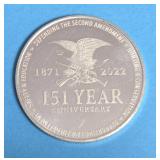 NRA 151 Year Anniversary Silver Round -One Troy Oz. -  .999 Fine Silver  - Uncirculated Condition