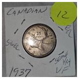 1937 Semi Key Date Canadian Quarter 25c, VF w/Toning