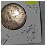 1937 Semi Key Date Canadian Quarter 25c, VF w/Toning