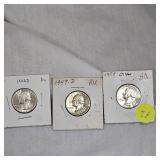 3-1946D AU, 1949O AU, 1957AU, Silver Washington 25c