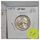 3-1946D AU, 1949O AU, 1957AU, Silver Washington 25c