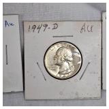 3-1946D AU, 1949O AU, 1957AU, Silver Washington 25c