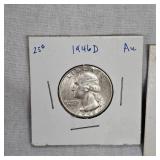 3-1946D AU, 1949O AU, 1957AU, Silver Washington 25c