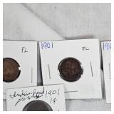 5-1901 Indian Head Pennies 1c, 4 are VF Plus