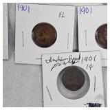 5-1901 Indian Head Pennies 1c, 4 are VF Plus