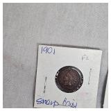 5-1901 Indian Head Pennies 1c, 4 are VF Plus