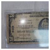 1929 Marine Exchange Bank of Milwaukee, WI $20 Note-From The US Service Bank
