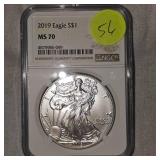 2019 Silver Eagle NGC MS70, Incredible Nice Detail