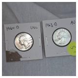 1964D UNC, 1963D AU Washingtons 25c