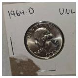 1964D UNC, 1963D AU Washingtons 25c