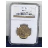 1911 $10 Dollar Indian Gold Eagle Coin NGC MS62