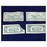 2 - U.S. 2 Dollar Red Seal Bill & 2 Canadian 1 Dollar Bills - see description for more info