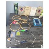 Knitting Needles - Rabbit Pin Cushion - Thread - Rotary Cutter - Tutsi Basket with Little People - Embroidery Hoops and More