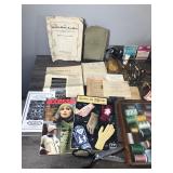 Quilting Books - Sewing Thread - Crochet Cotton - Needles - Small & Large Pin Cushion - Thimble - Vintage Wooden Bobbins and More