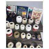 Quilting Books - Sewing Thread - Crochet Cotton - Needles - Small & Large Pin Cushion - Thimble - Vintage Wooden Bobbins and More