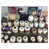 Quilting Books - Sewing Thread - Crochet Cotton - Needles - Small & Large Pin Cushion - Thimble - Vintage Wooden Bobbins and More
