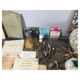 Quilting Books - Sewing Thread - Crochet Cotton - Needles - Small & Large Pin Cushion - Thimble - Vintage Wooden Bobbins and More
