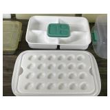 3 - Cutting Boards - Cake Pan with Lid - Rubber Maid Container with Devil Egg Tray