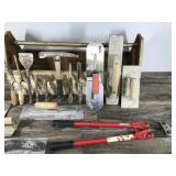 Large Wooden Tool Box with Concrete Tools and Lock Cutter