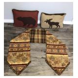 2 - Pillows with Bear and Moose and Table Top Tapestry Runway with Moose, Bears and Cabin