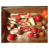 Flat of vintage wood, cork and plastic fishing bobbers