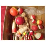 Flat of vintage wood, cork and plastic fishing bobbers