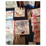 Box of vintage spinners and hooks on original cards and more