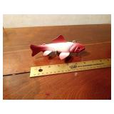 Hand carved wood spearing fish decoy with metal fins