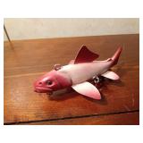 Hand carved wood spearing fish decoy with metal fins