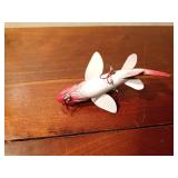 Hand carved wood spearing fish decoy with metal fins