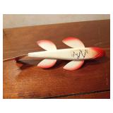 signed hand carved wood spearing fish decoy by Larry Lange