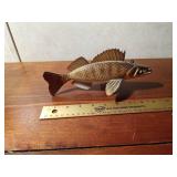 Signed hand carved spearing fish decoy with metal fins by R. Whittier