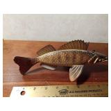 Signed hand carved spearing fish decoy with metal fins by R. Whittier