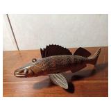 Signed hand carved spearing fish decoy with metal fins by R. Whittier