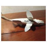 Signed hand carved spearing fish decoy with metal fins by R. Whittier