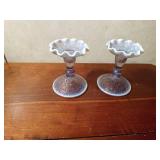 Vintage Fenton blue opalescent ruffled edge Water Lily footed compote dish/candle holder