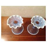 Vintage Fenton blue opalescent ruffled edge Water Lily footed compote dish/candle holder