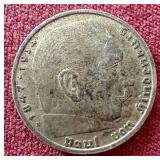 1938 German Third Reich Silver 2 Mark Coin