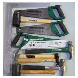 G - Hand Tool Lot with 3 Masterforce Hand Saws, Mallets, Hammers, and Metal Square