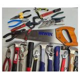 G - Collection of Hand Tools Including Hammers, Wrenches, Pliers, and Irwin Handsaw